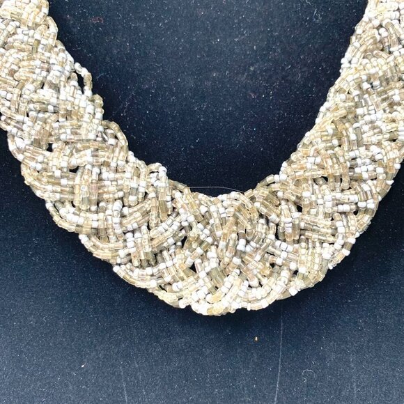 Braided Rope Style Seed Bead Necklace Silver Grey Ivory Lobster Clasp 24"L - Picture 3 of 5